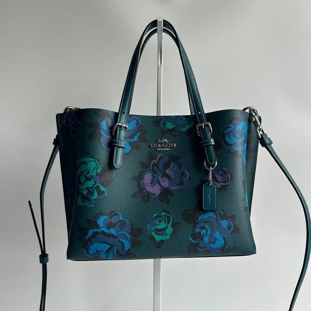 Coach Mollie Tote 25 Teal Jumbo Floral Pebbled Leather Bag CF328 Excellent